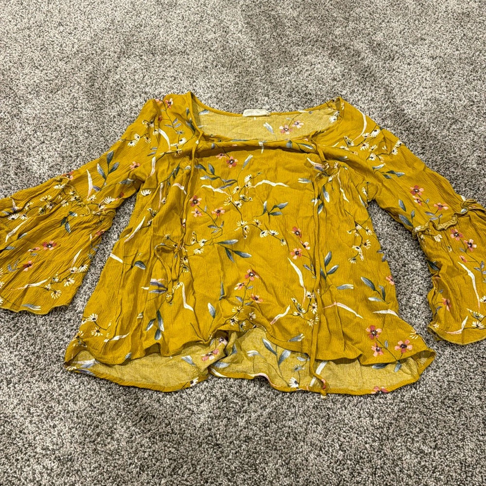 Mustard Floral Bell Sleeve Shirt